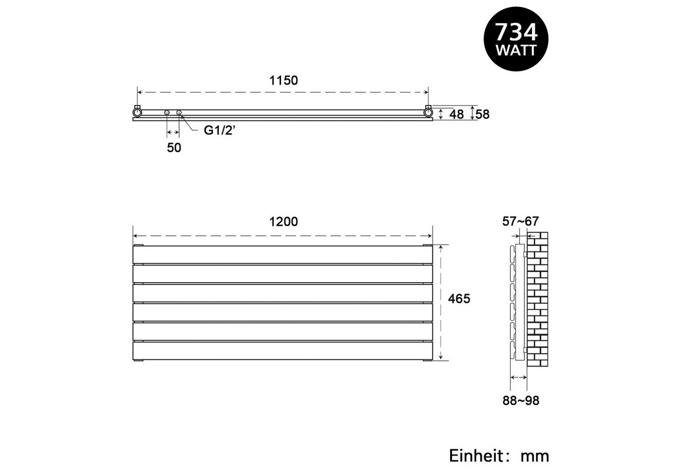 SONNI Heizkörper Heizkörper Wasserbeheizte Heizkörper,Breite 1200mm,Schwarz und Weiß – Bild 3 von 5