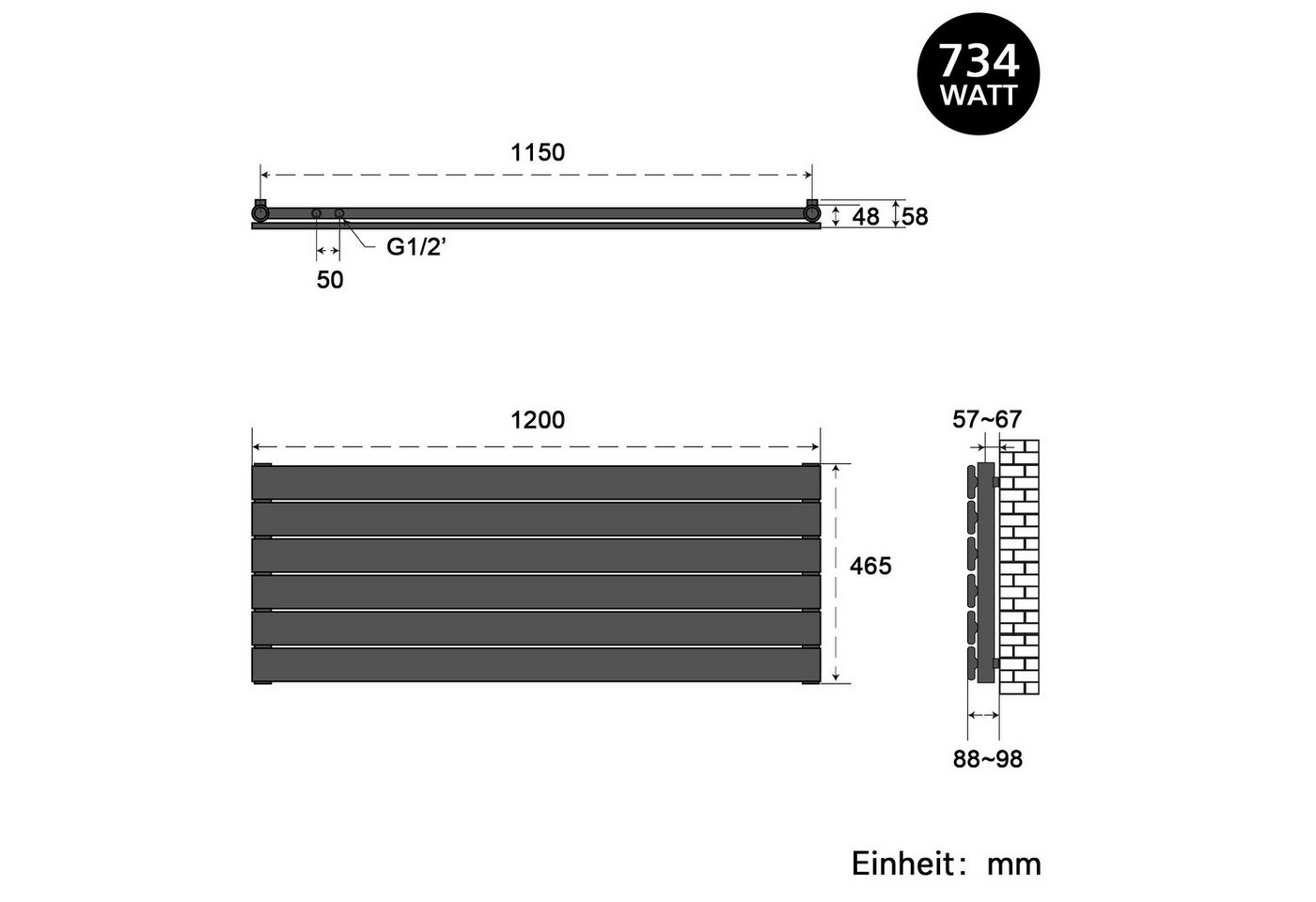 SONNI Heizkörper Heizkörper Wasserbeheizte Heizkörper,Breite 1200mm,Schwarz und Weiß – Bild 3 von 5