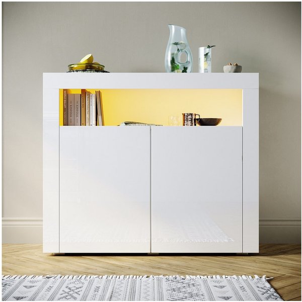SONNI Highboard Sideboard weiß Hochglanz mit LED Beleuchtung 116x93x35cm, Standschrank