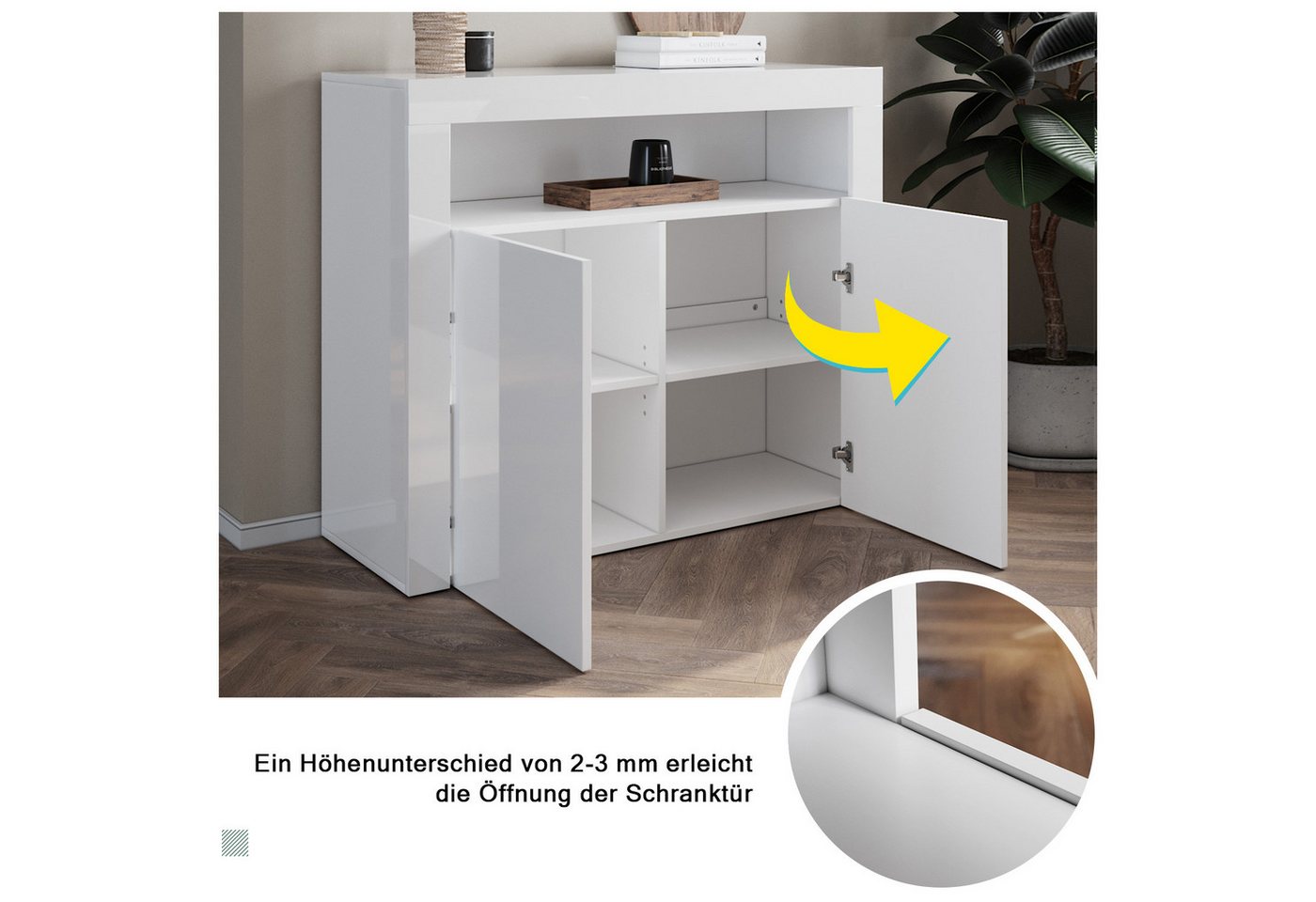 SONNI Highboard Sideboard weiß Hochglanz mit LED Beleuchtung 116x93x35cm, Standschrank – Bild 4 von 5