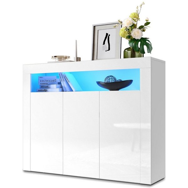 SONNI Kommode Sideboard Weiss Hochglanz mit LED, Kommodenschrank Sideboard für Küche und Esszimmer