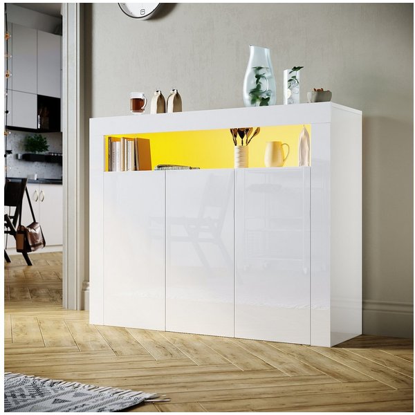 SONNI Kommode Sideboard Weiß Hochglanz mit LED Beleuchtung Kommode, Wohnzimmer