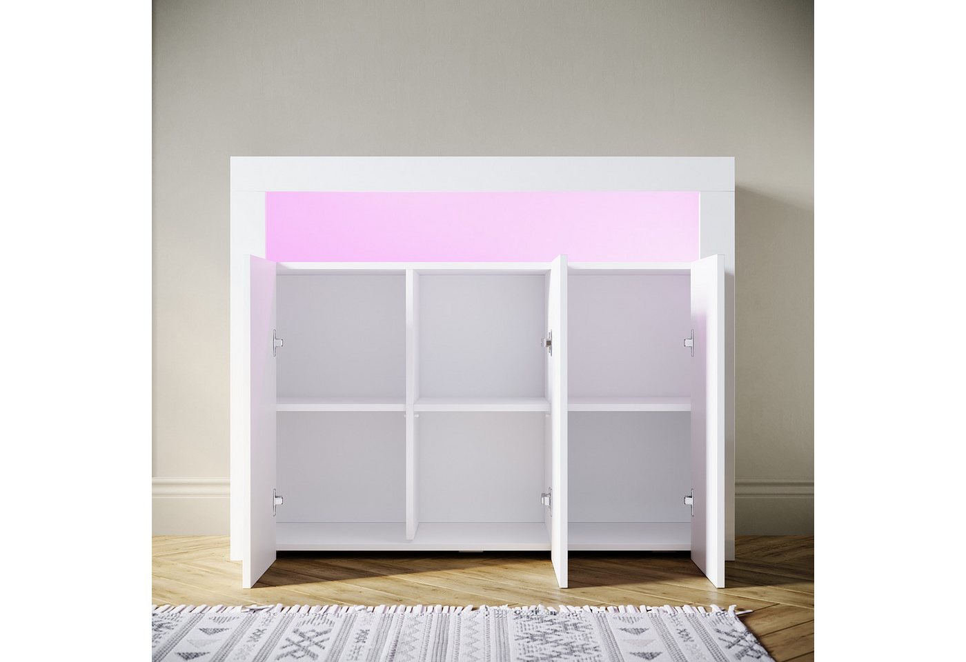 SONNI Kommode Sideboard Weiß Hochglanz mit LED Beleuchtung Kommode, Wohnzimmer – Bild 2 von 5