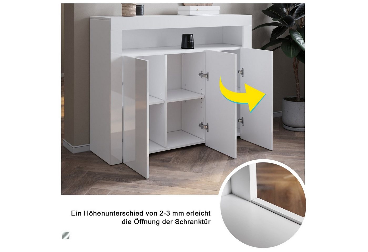 SONNI Kommode Sideboard Weiß Hochglanz mit LED Beleuchtung Kommode, Wohnzimmer – Bild 5 von 5