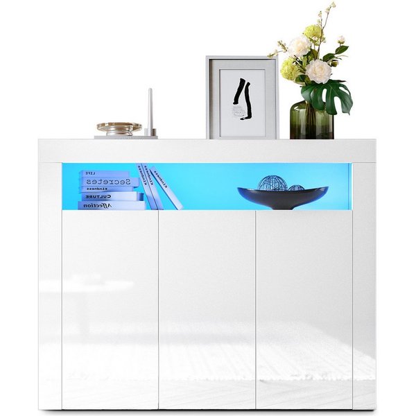SONNI Kommode Sideboard Weiß Hochglanz mit LED Beleuchtung, Wohnzimmer