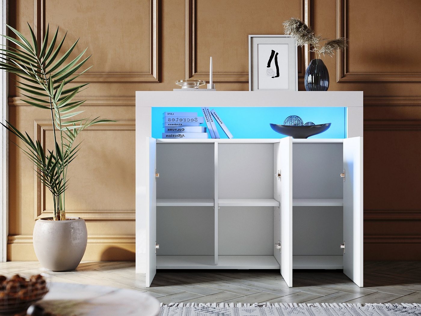 SONNI Kommode Sideboard Weiß Hochglanz mit LED Beleuchtung, Wohnzimmer – Bild 2 von 5