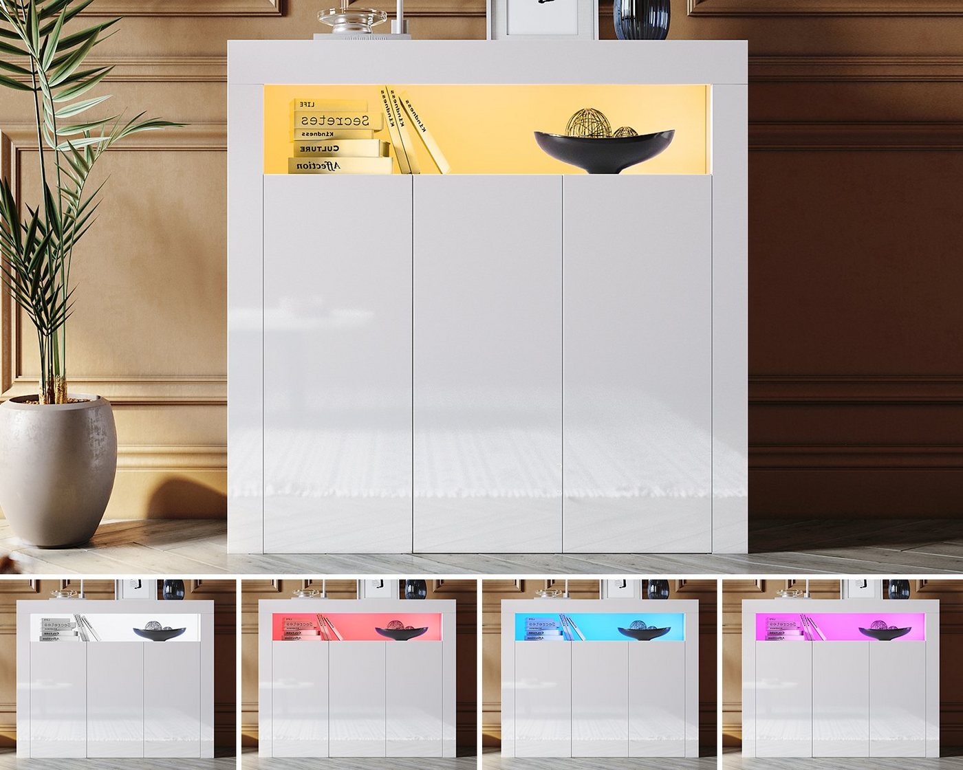 SONNI Kommode Sideboard Weiß Hochglanz mit LED Beleuchtung, Wohnzimmer – Bild 4 von 5