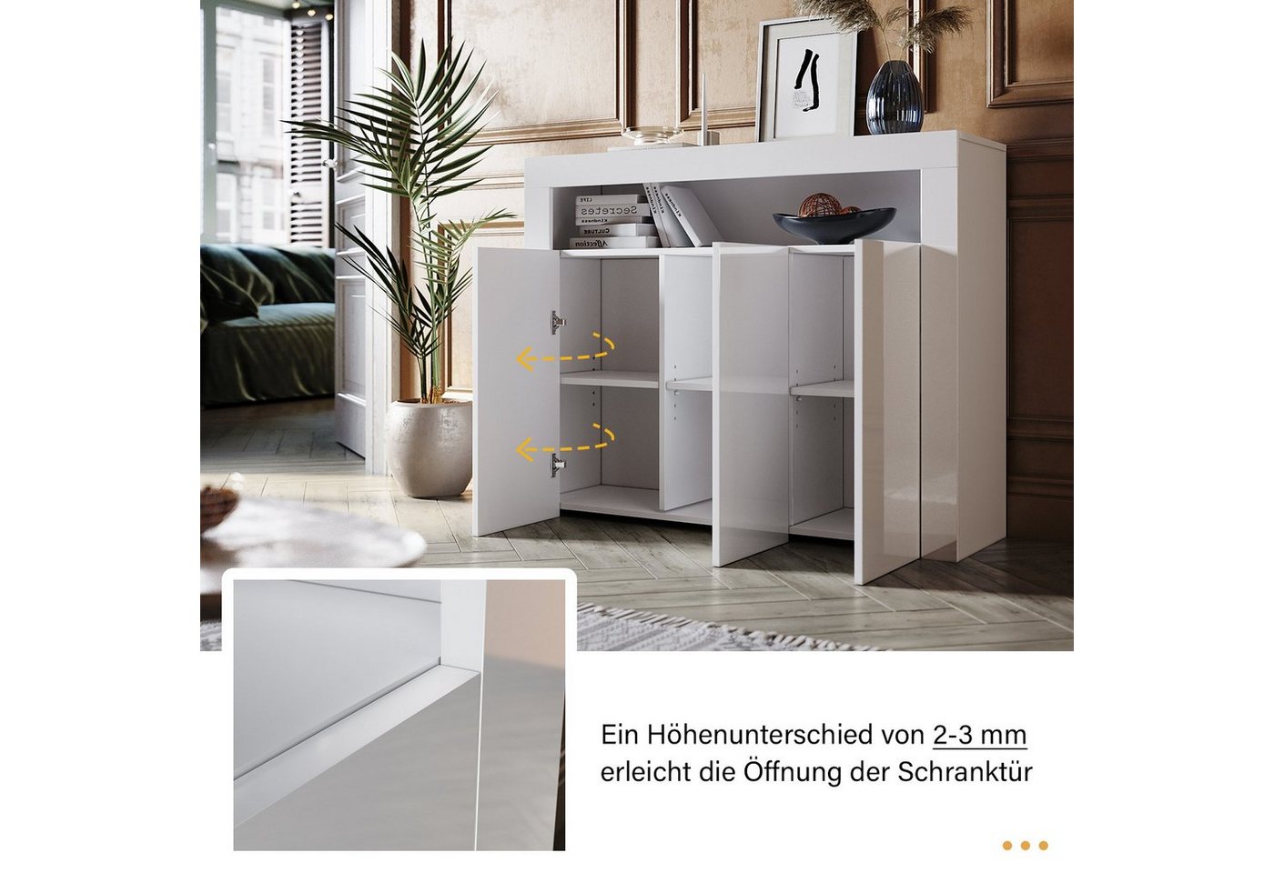 SONNI Kommode Sideboard Weiß Hochglanz mit LED Beleuchtung, Wohnzimmer – Bild 5 von 5