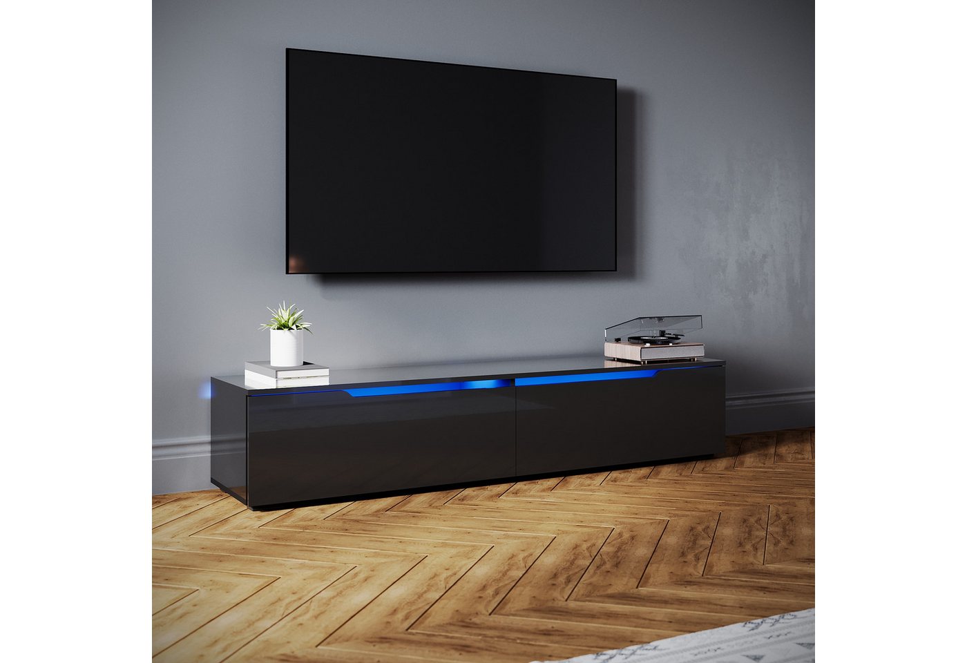 SONNI Lowboard Lowboard 160 cm Breite, Modern in Weiß & Schwarz, LED-Lichteffekten – Bild 2 von 5