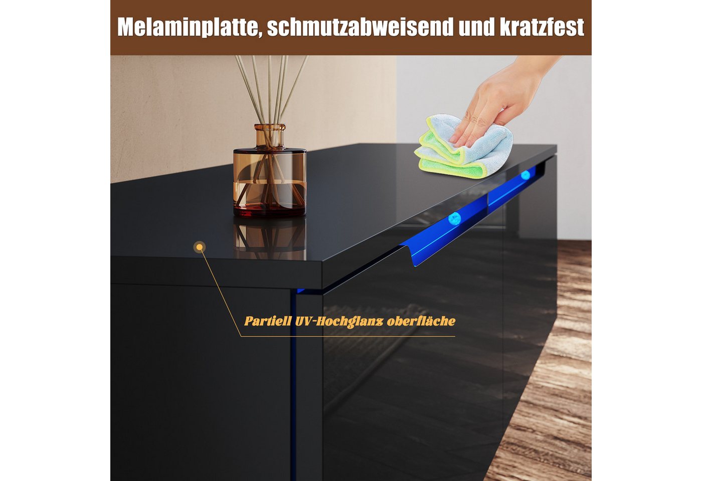 SONNI Lowboard Lowboard 160 cm Breite, Modern in Weiß & Schwarz, LED-Lichteffekten – Bild 4 von 5