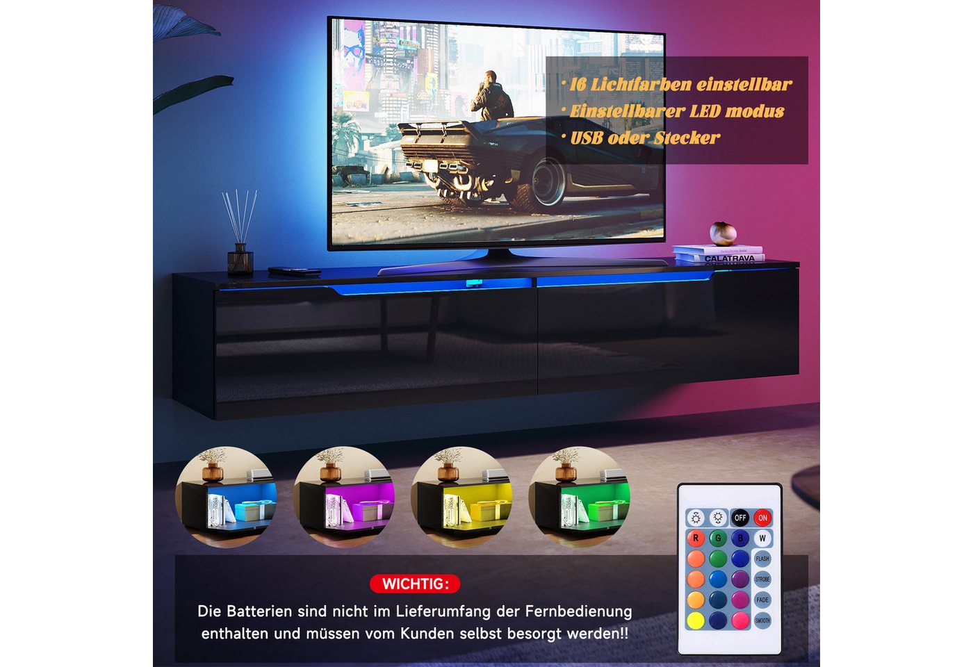 SONNI Lowboard Lowboard 160 cm Breite, Modern in Weiß & Schwarz, LED-Lichteffekten – Bild 5 von 5