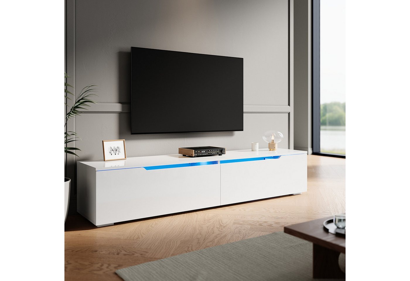 SONNI Lowboard Lowboard 160 cm Breite, Modern in Weiß & Schwarz, LED-Lichteffekten – Bild 2 von 5