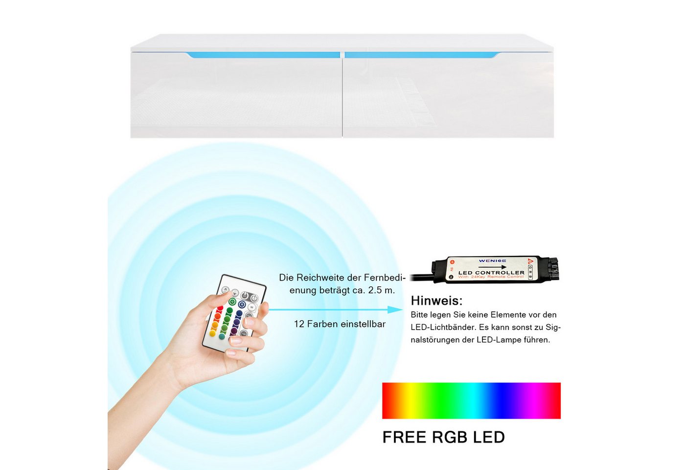 SONNI Lowboard Lowboard 160 cm Breite, Modern in Weiß & Schwarz, LED-Lichteffekten – Bild 4 von 5