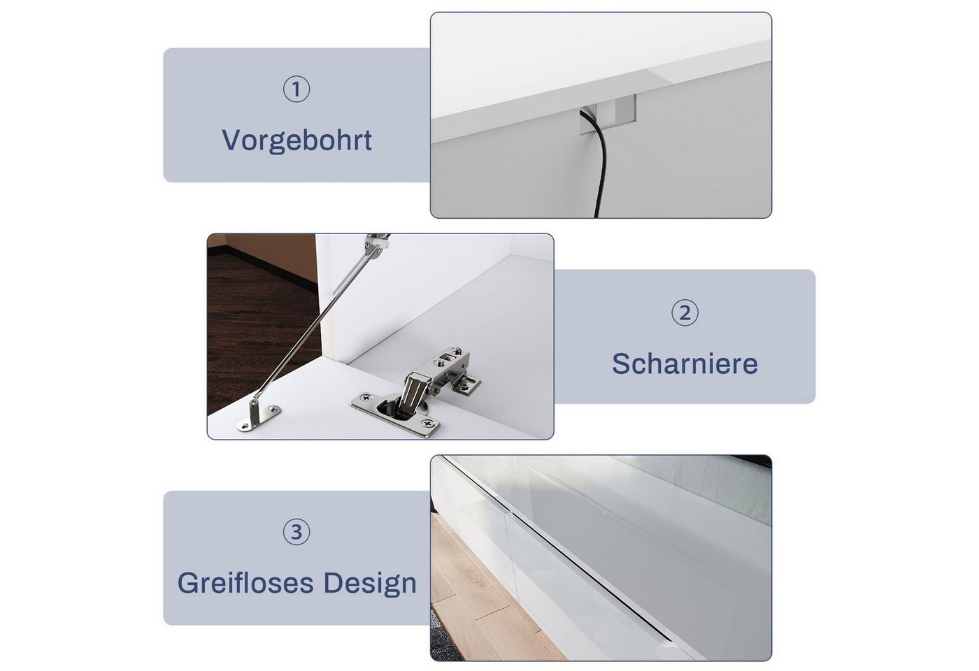 SONNI Lowboard Lowboard 160 cm Breite, Modern in Weiß & Schwarz, LED-Lichteffekten – Bild 5 von 5