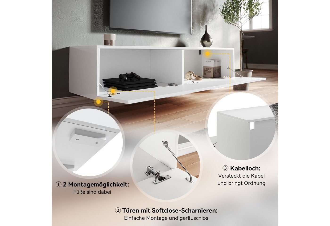 SONNI Lowboard Breite 140/160/180cm,TV Board,Hängend,Hochglanz,Weiß/schwarz, Belastbarkeit:20kg – Bild 3 von 5