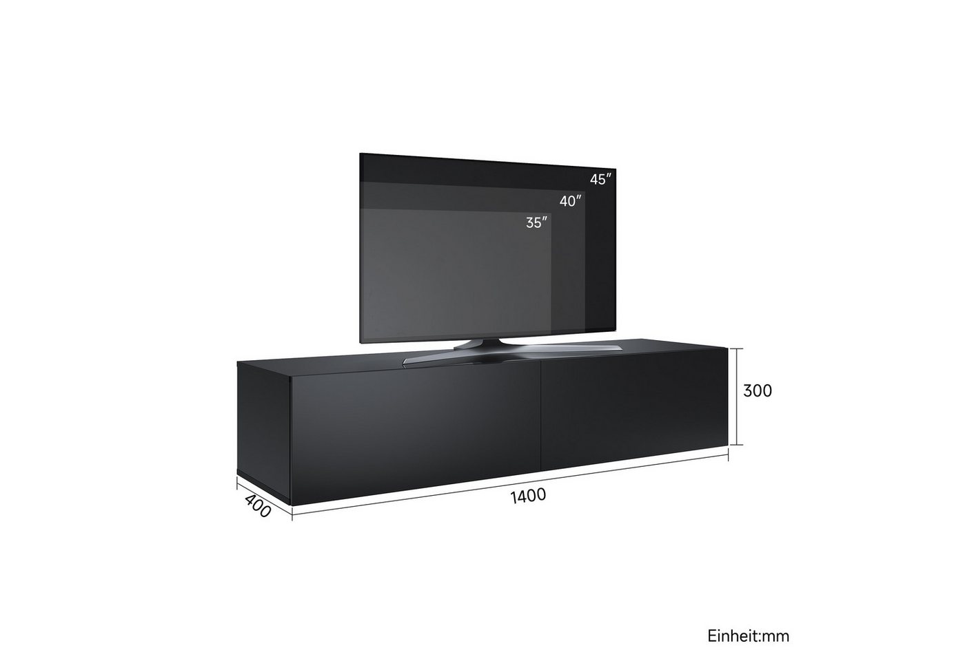 SONNI Lowboard Breite 140/160/180cm,TV Board,Hängend,Hochglanz,Weiß/schwarz, Belastbarkeit:20kg – Bild 2 von 5