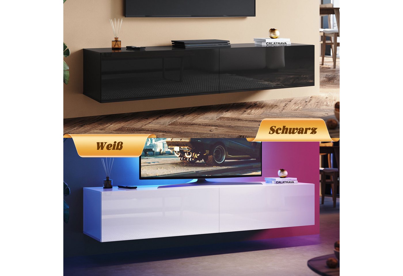 SONNI Lowboard Breite 140/160/180cm,TV Board,Hängend,Hochglanz,Weiß/schwarz, Belastbarkeit:20kg – Bild 4 von 5