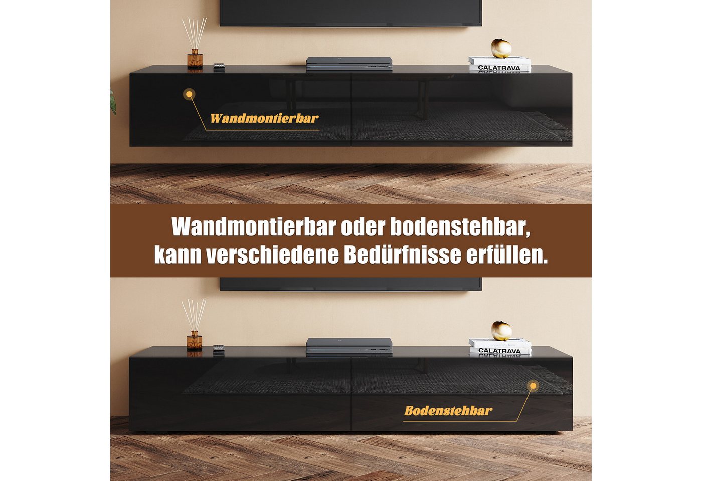 SONNI Lowboard Breite 140/160/180cm,TV Board,Hängend,Hochglanz,Weiß/schwarz, Belastbarkeit:20kg – Bild 5 von 5
