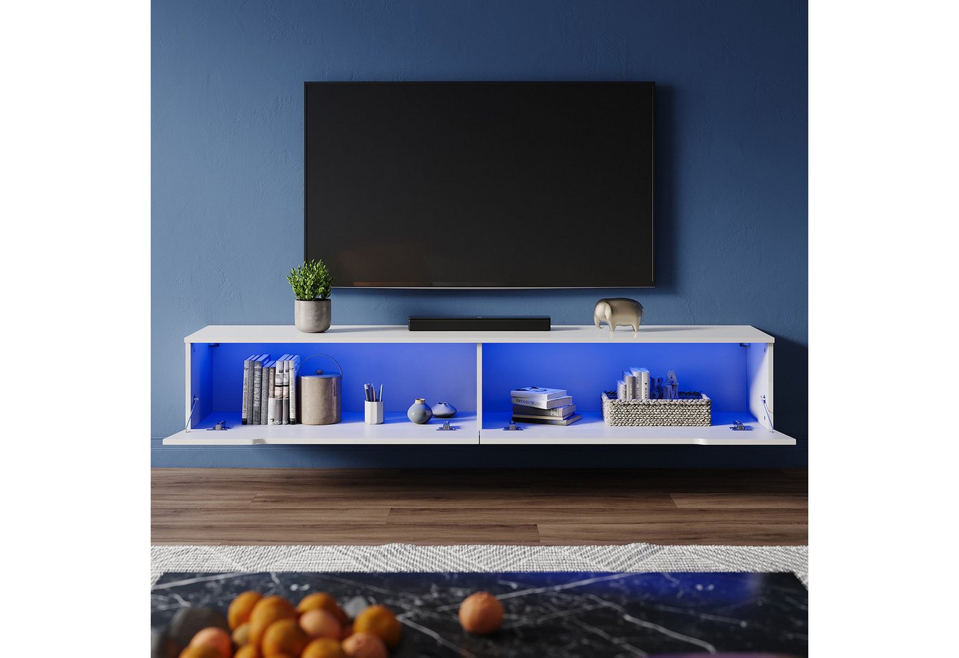 SONNI Lowboard lowboard tv hängend und stehend, tv schrank 180cm, mit Beleuchtung in wohnzimmer, Weiß, 180 x 30 cm – Bild 2 von 5