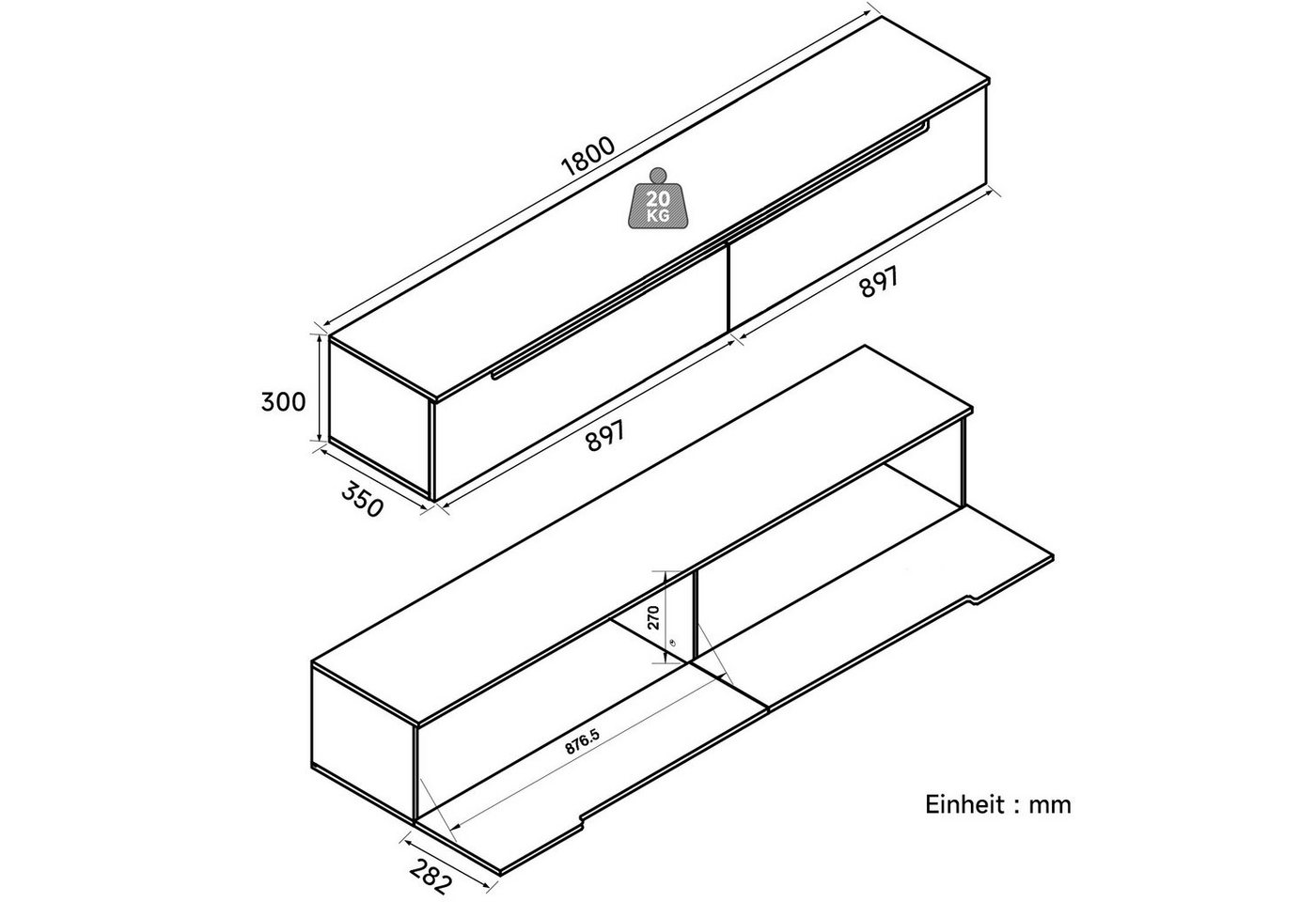 SONNI Lowboard lowboard tv hängend und stehend, tv schrank 180cm, mit Beleuchtung in wohnzimmer, Weiß, 180 x 30 cm – Bild 3 von 5