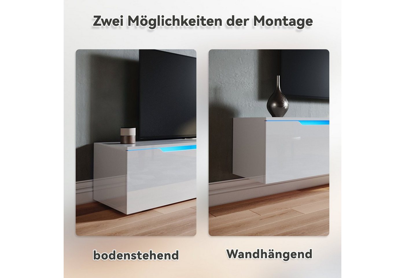 SONNI Lowboard lowboard tv hängend und stehend, tv schrank 180cm, mit Beleuchtung in wohnzimmer, Weiß, 180 x 30 cm – Bild 4 von 5