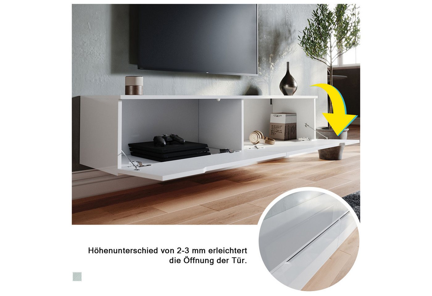 SONNI Lowboard lowboard tv hängend und stehend, tv schrank 180cm, mit Beleuchtung in wohnzimmer, Weiß, 180 x 30 cm – Bild 5 von 5