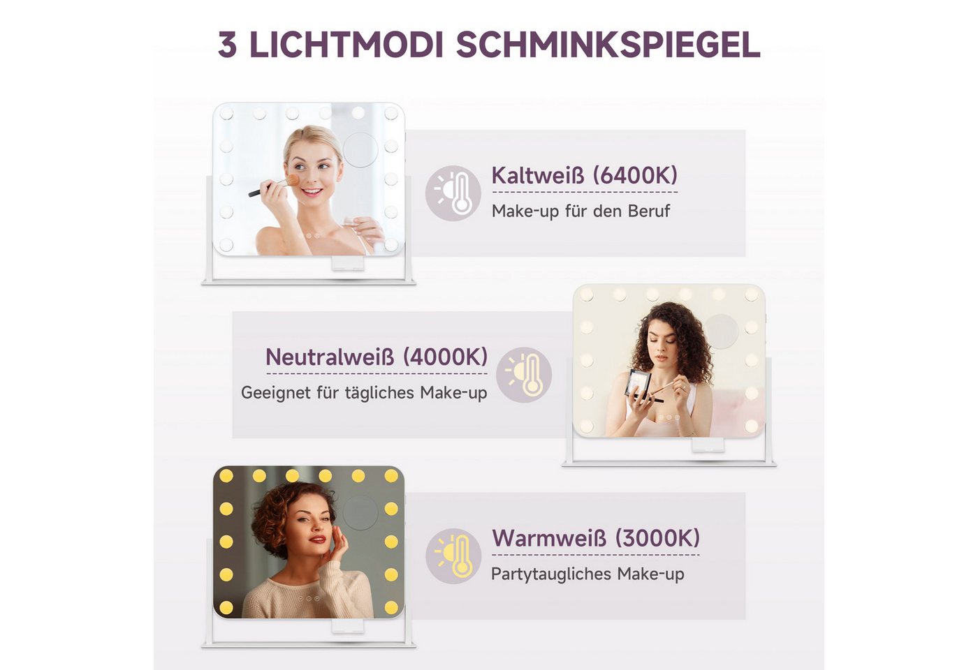 SONNI Schminkspiegel Schminkspiegel mit beleuchtung, Make-up, Hollywood Spiegel mit LED, 3 Farbe Licht – Bild 4 von 5