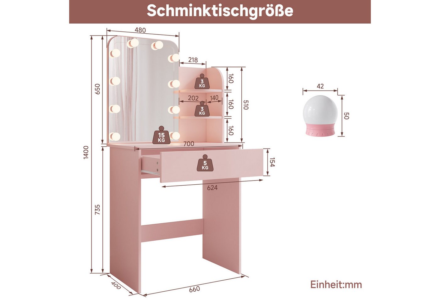 SONNI Schminktisch Schminktisch klein Erhältlich mit Beleuchtung,Schwarze/weiße/Rosa, 70x40x140cm – Bild 4 von 5