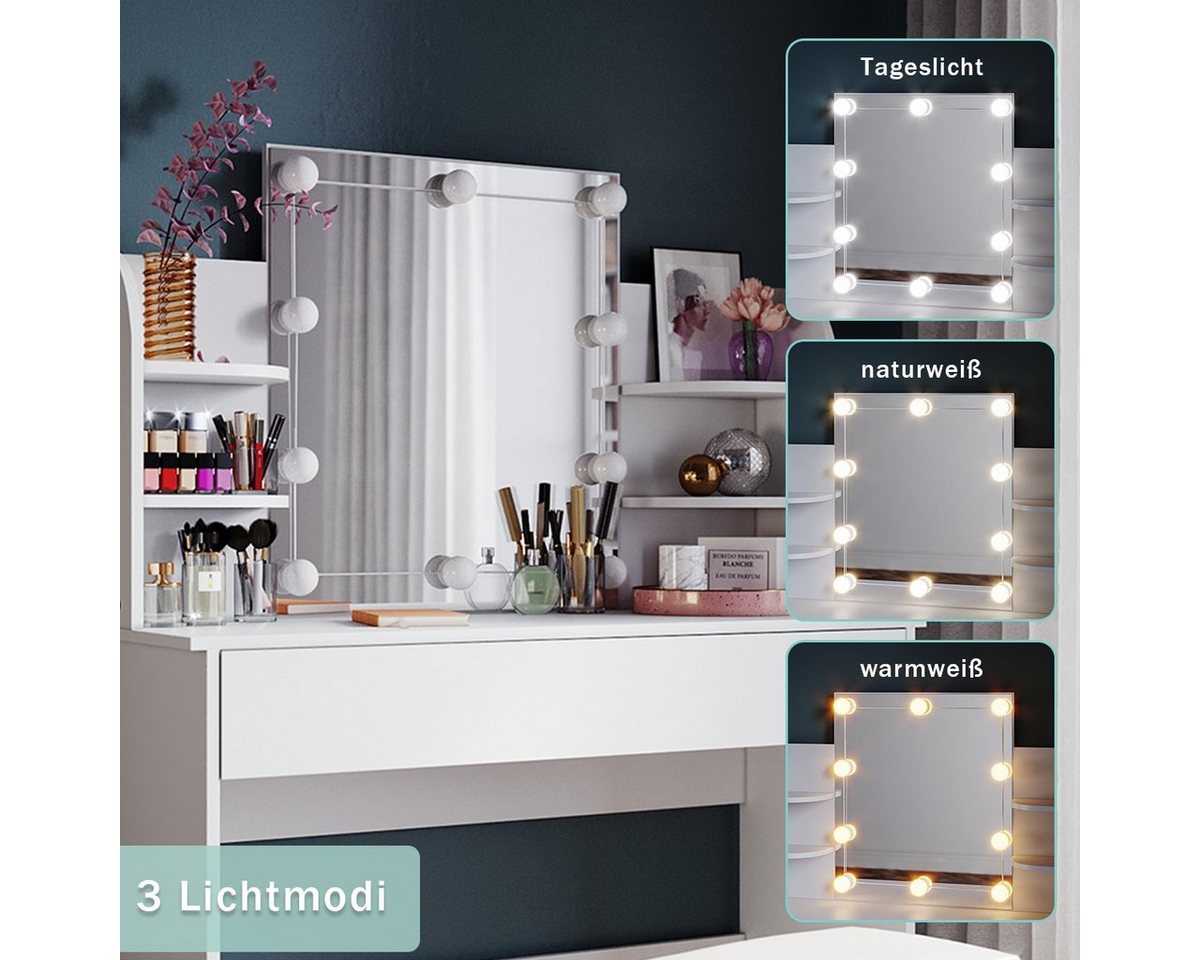 SONNI Schminktisch Schminktisch mit LED-Beleuchtung weiß, Frisiertisch, Dicke: 15 mm Brett Frisiertisch mit Spiegel 108x140x40cm – Bild 5 von 5