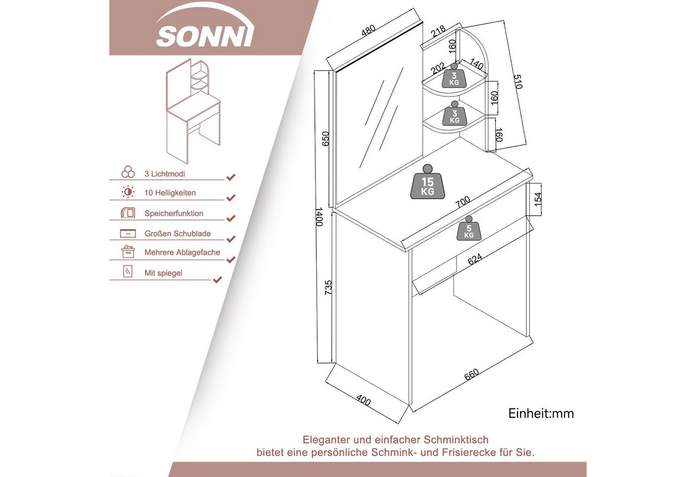 SONNI Schminktisch Schminktische,Mehrere Stile und Größen zur Auswahl,Schwarz und weiß – Bild 3 von 5