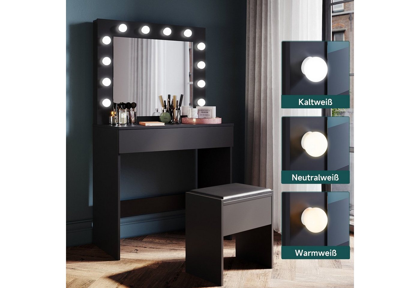 SONNI Schminktisch Schwarz/Weiß, mit LED-Beleuchtung, 80x40x140cm,3 Lichtmodi, mit Spiegel, Hocker, Schublade,Kosmetiktisch,Speicherfunktion – Bild 2 von 5