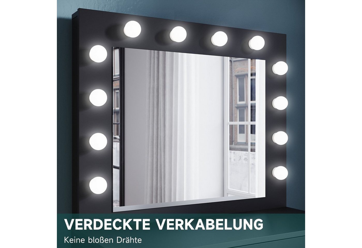 SONNI Schminktisch Schwarz/Weiß, mit LED-Beleuchtung, 80x40x140cm,3 Lichtmodi, mit Spiegel, Hocker, Schublade,Kosmetiktisch,Speicherfunktion – Bild 3 von 5