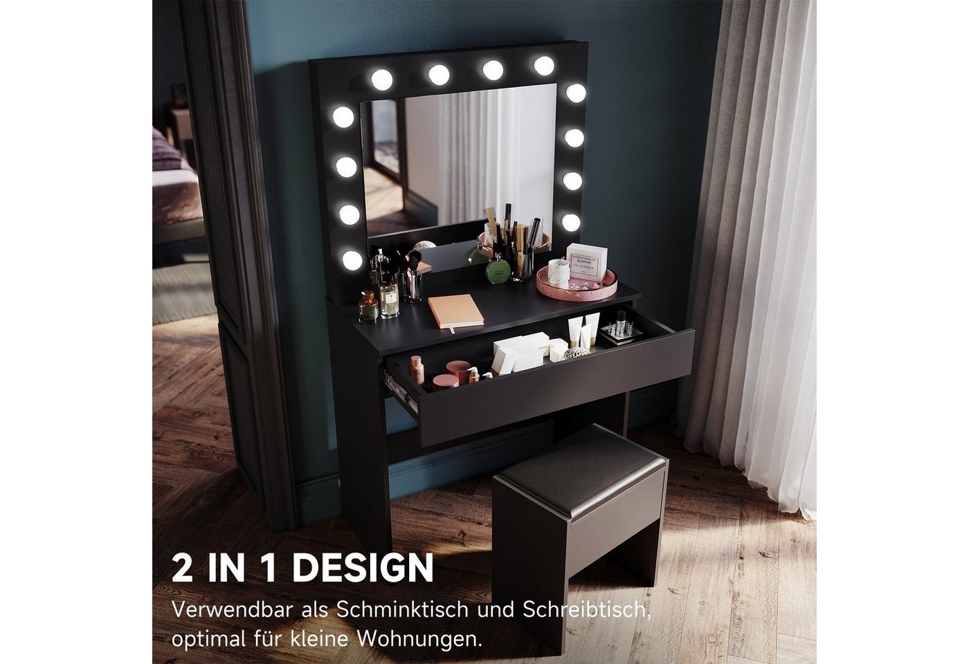 SONNI Schminktisch Schwarz/Weiß, mit LED-Beleuchtung, 80x40x140cm,3 Lichtmodi, mit Spiegel, Hocker, Schublade,Kosmetiktisch,Speicherfunktion – Bild 4 von 5