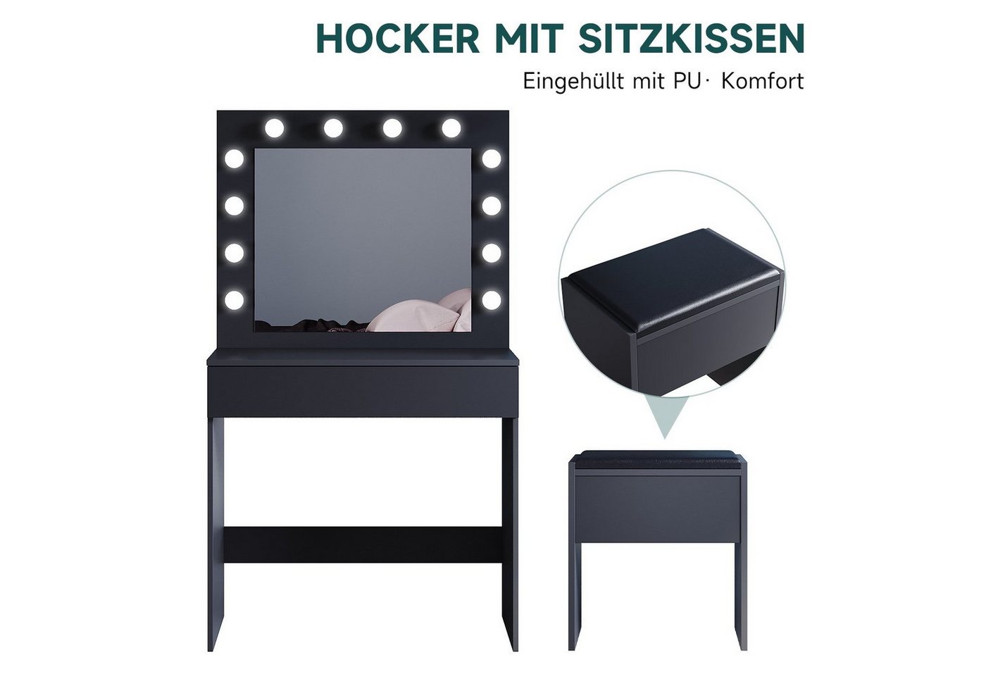 SONNI Schminktisch Schwarz/Weiß, mit LED-Beleuchtung, 80x40x140cm,3 Lichtmodi, mit Spiegel, Hocker, Schublade,Kosmetiktisch,Speicherfunktion – Bild 5 von 5