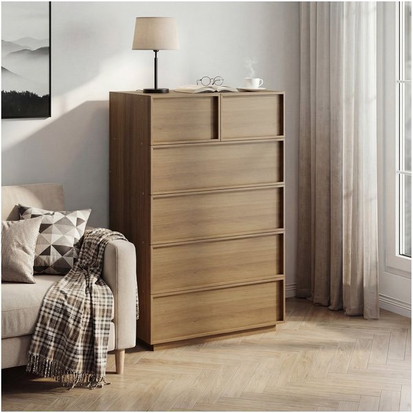 SONNI Schubkastenkommode Kommode mit 6 Schubladen 115x48/80x127cm Eichenfarbe, 6 Schubladen, griffloses Design, Metallschienen