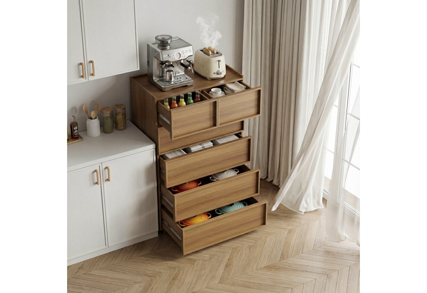SONNI Schubkastenkommode Kommode mit 6 Schubladen 115x48/80x127cm Eichenfarbe, 6 Schubladen, griffloses Design, Metallschienen – Bild 2 von 5