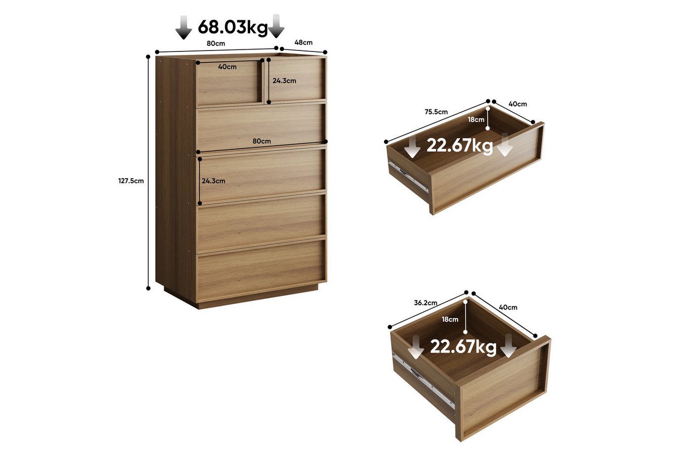 SONNI Schubkastenkommode Kommode mit 6 Schubladen 115x48/80x127cm Eichenfarbe, 6 Schubladen, griffloses Design, Metallschienen – Bild 3 von 5