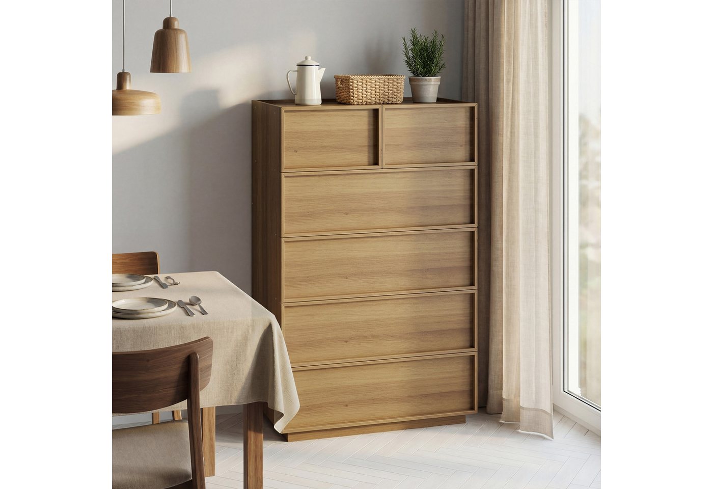 SONNI Schubkastenkommode Kommode mit 6 Schubladen 115x48/80x127cm Eichenfarbe, 6 Schubladen, griffloses Design, Metallschienen – Bild 4 von 5
