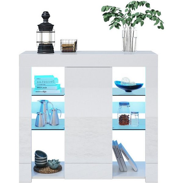 SONNI Sideboard Sideboard Küchenschrank mit LED Beleuchtung 90x35x83cm, Hochglanz, mit Schranktür und 4 glas Einlegeböden, Wohnzimmerschrank