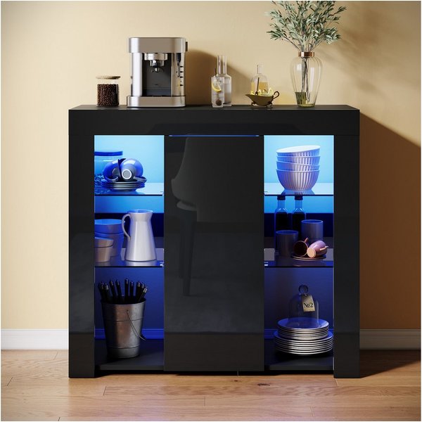 SONNI Sideboard mit LED Beleuchtung 90x35x83cm Weiß/Schwarz Hochglanz, mit Schranktür und 4 glas Einlegeböden