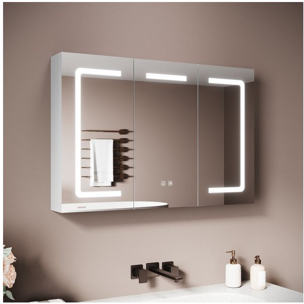 SONNI Spiegelschrank Badezimmerspiegelschrank, Spiegelschrank Badezimmer mit LED-Spiegel mit Beleuchtung, Anti-Beschlag, Licht in 3 Farbtemperaturen 90X60X13cm