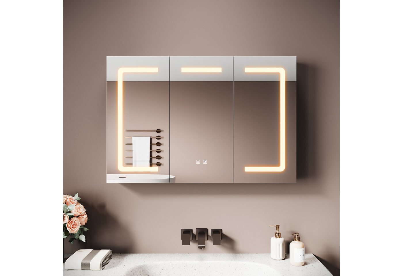 SONNI Spiegelschrank Badezimmerspiegelschrank, Spiegelschrank Badezimmer mit LED-Spiegel mit Beleuchtung, Anti-Beschlag, Licht in 3 Farbtemperaturen 90X60X13cm – Bild 2 von 5