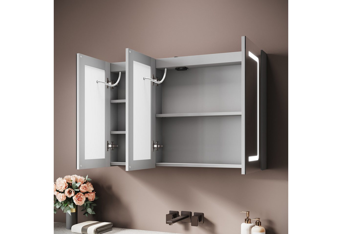 SONNI Spiegelschrank Badezimmerspiegelschrank, Spiegelschrank Badezimmer mit LED-Spiegel mit Beleuchtung, Anti-Beschlag, Licht in 3 Farbtemperaturen 90X60X13cm – Bild 3 von 5