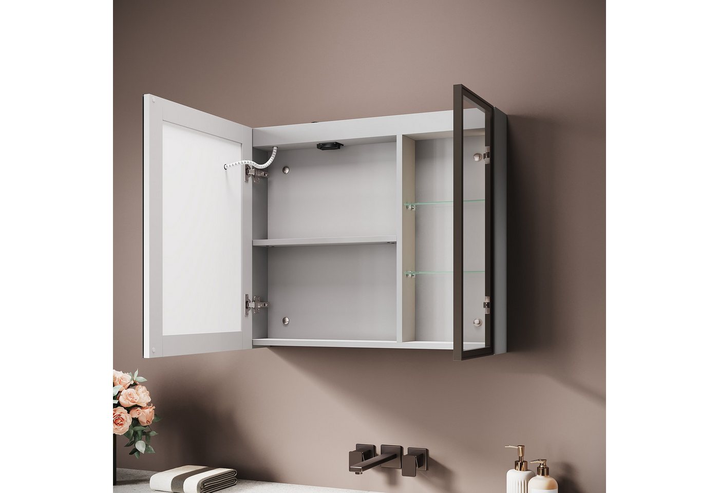 SONNI Spiegelschrank Badezimmerspiegelschrank, Spiegelschrank Badezimmer mit LED-Spiegel mit Beleuchtung, Anti-Beschlag & Steckdose, Licht in 3 Farbtemperaturen – Bild 3 von 5