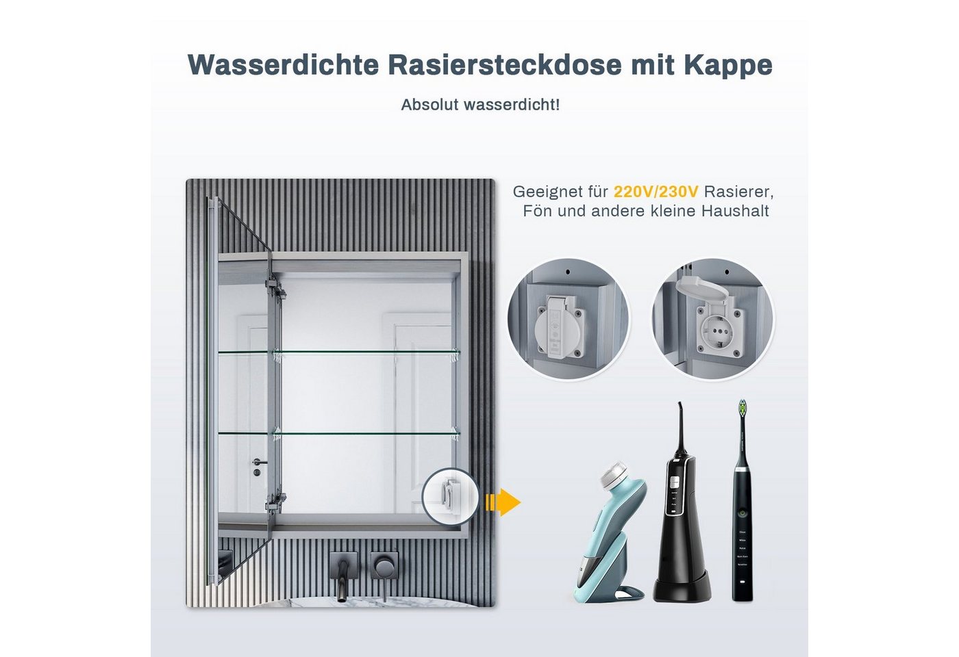 SONNI Spiegelschrank Dreifarbiger LED-Badezimmerspiegelschrank mit Antibeschlag-Funktion Aluminium mit Touch-Bedienung und integrierter Rasierersteckdose – Bild 3 von 5