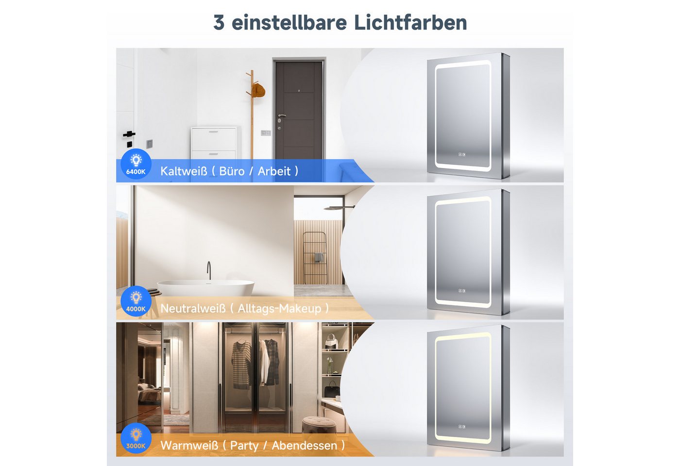 SONNI Spiegelschrank Dreifarbiger LED-Badezimmerspiegelschrank mit Antibeschlag-Funktion Aluminium mit Touch-Bedienung und integrierter Rasierersteckdose – Bild 4 von 5