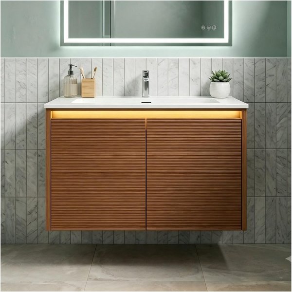 SONNI Waschbeckenschrank Waschbeckenunterschrank mit Sensorleuchte & Waschbecken Holzfarbe mit Gittertür, Breite 89/79cm, mit Sensorleuchte, Naturholz-Optik