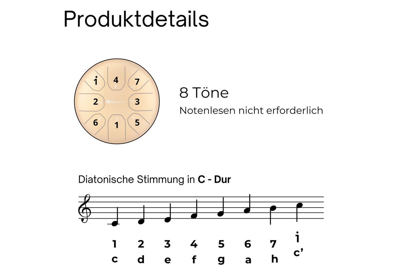 Sonodrum Steel Tongue Drum "Standard", C-Dur, 14 cm, 8 Zungen inkl. Liederbuch und Tragetasche – Bild 3 von 5