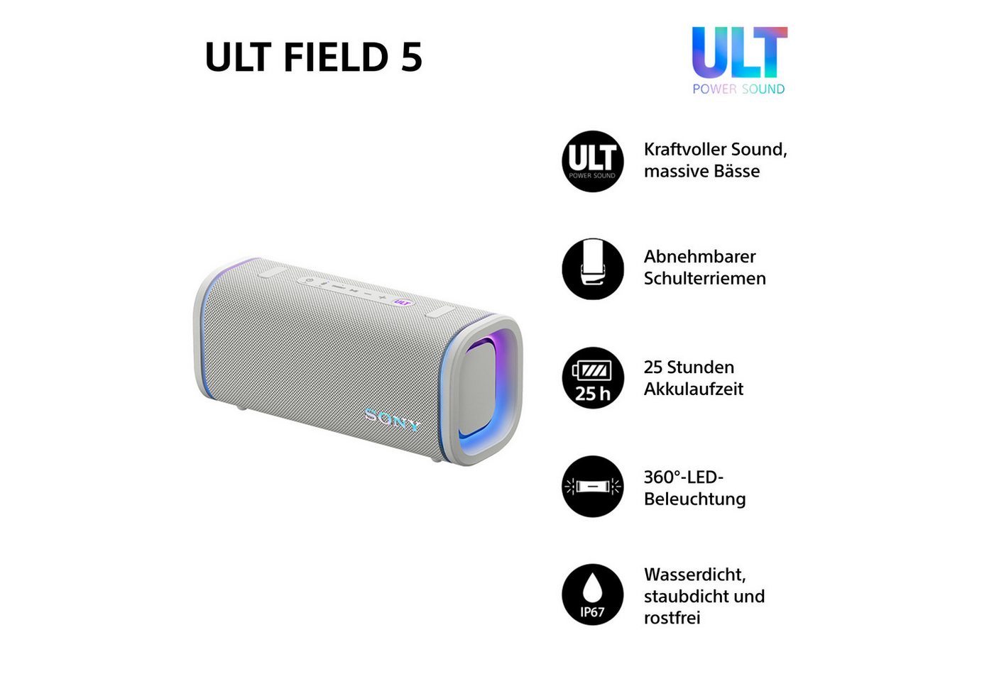 Sony ULT FIELD 5 + Field 1 Bluetooth-Speaker Stereo (A2DP Bluetooth, Bluetooth, AVRCP Bluetooth, 30 W, 2er Set Bluetooth-Lautsprecher, 25h-Akku, IP67, wasserdic – Bild 5 von 5