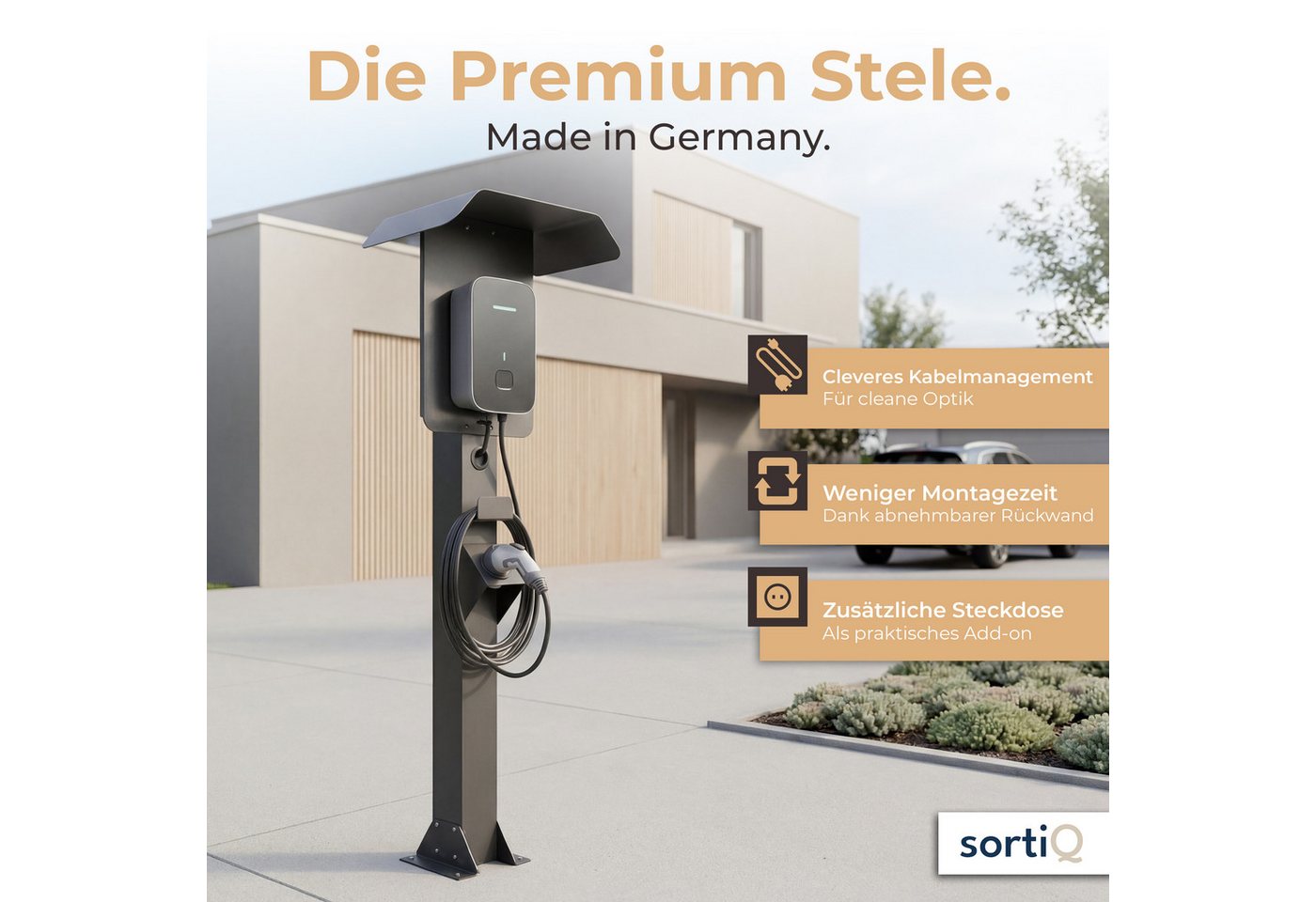 sortiQ Elektroauto-Ladestation-Halterung Wallbox-Stele, Außenbereich Wallbox-Standfuß, (Freistehende Wallboxhalterung mit Überdachung, Wetterschutz) – Bild 2 von 5